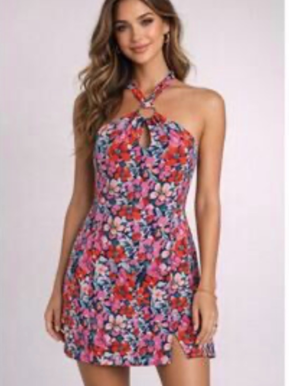 Lulu's Pink & Red Floral Halter Mini Dress